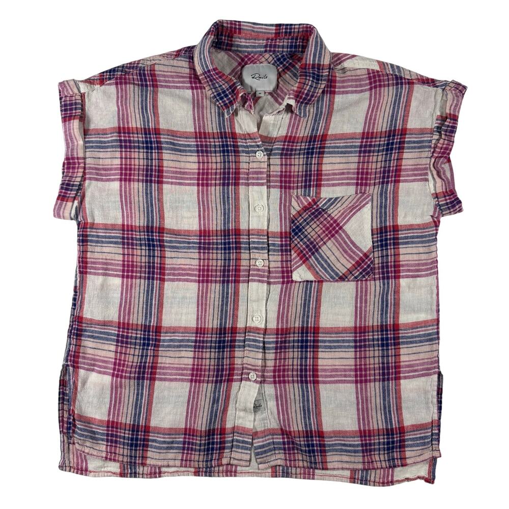 Rails Button Down Shirt Pink Whitney Plaid Linen Rayon Women’s Medium